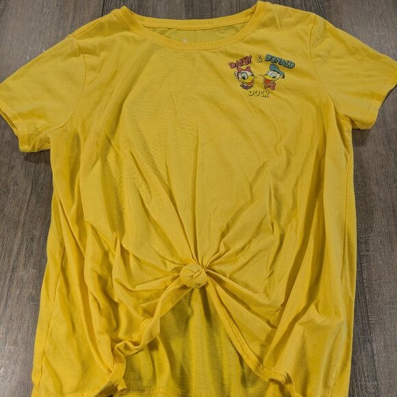 Disney T Shirt Top Womens XL Yellow Short Sleeve Knotted Donald Daisey Duck
